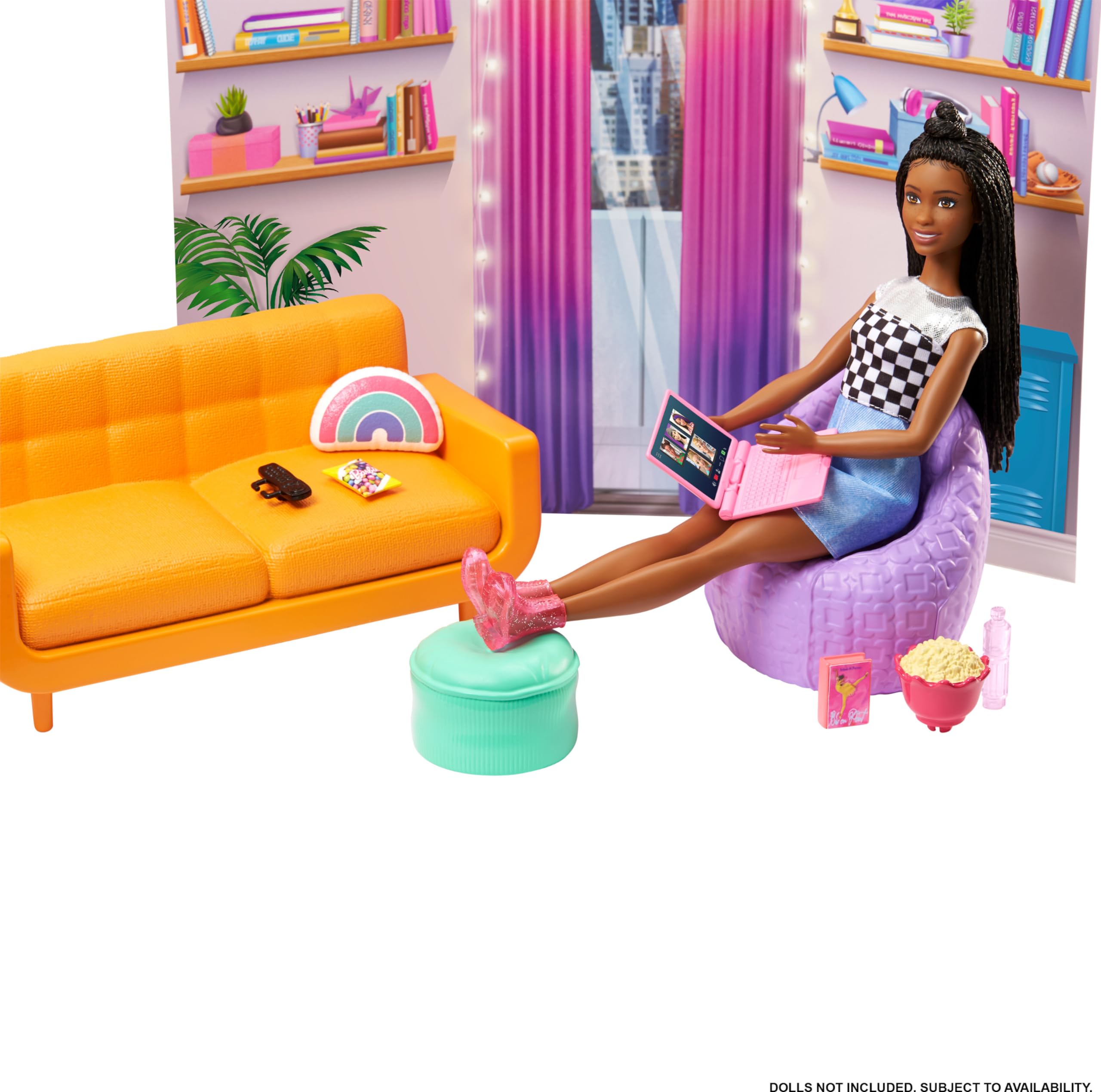 Barbie bean bag chair highlights comfy seating for study breaks and chats.