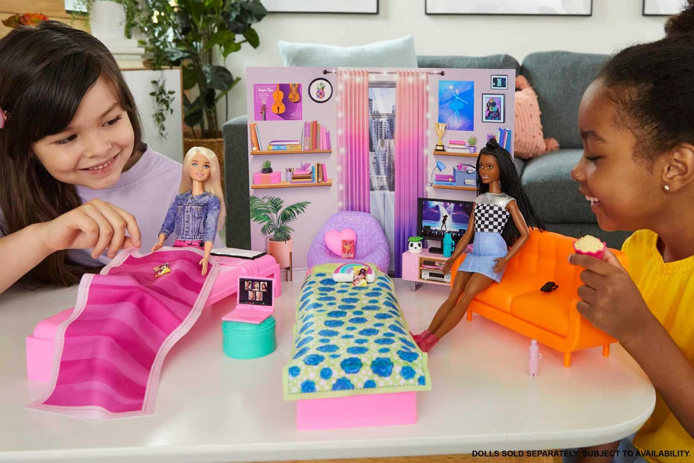 Barbie dorm sofa scene for pretend lounging and conversations.