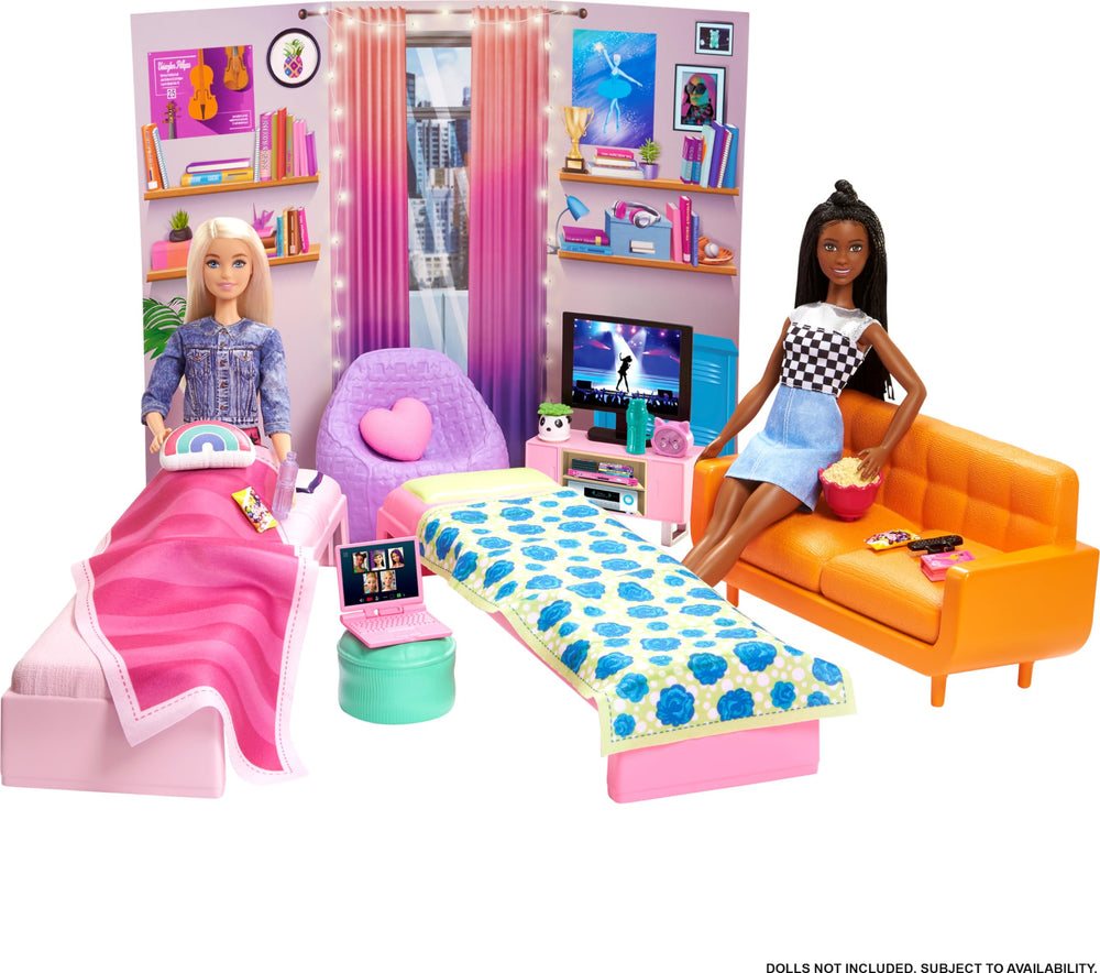 Barbie dorm TV stand supports movie nights and cozy viewing.