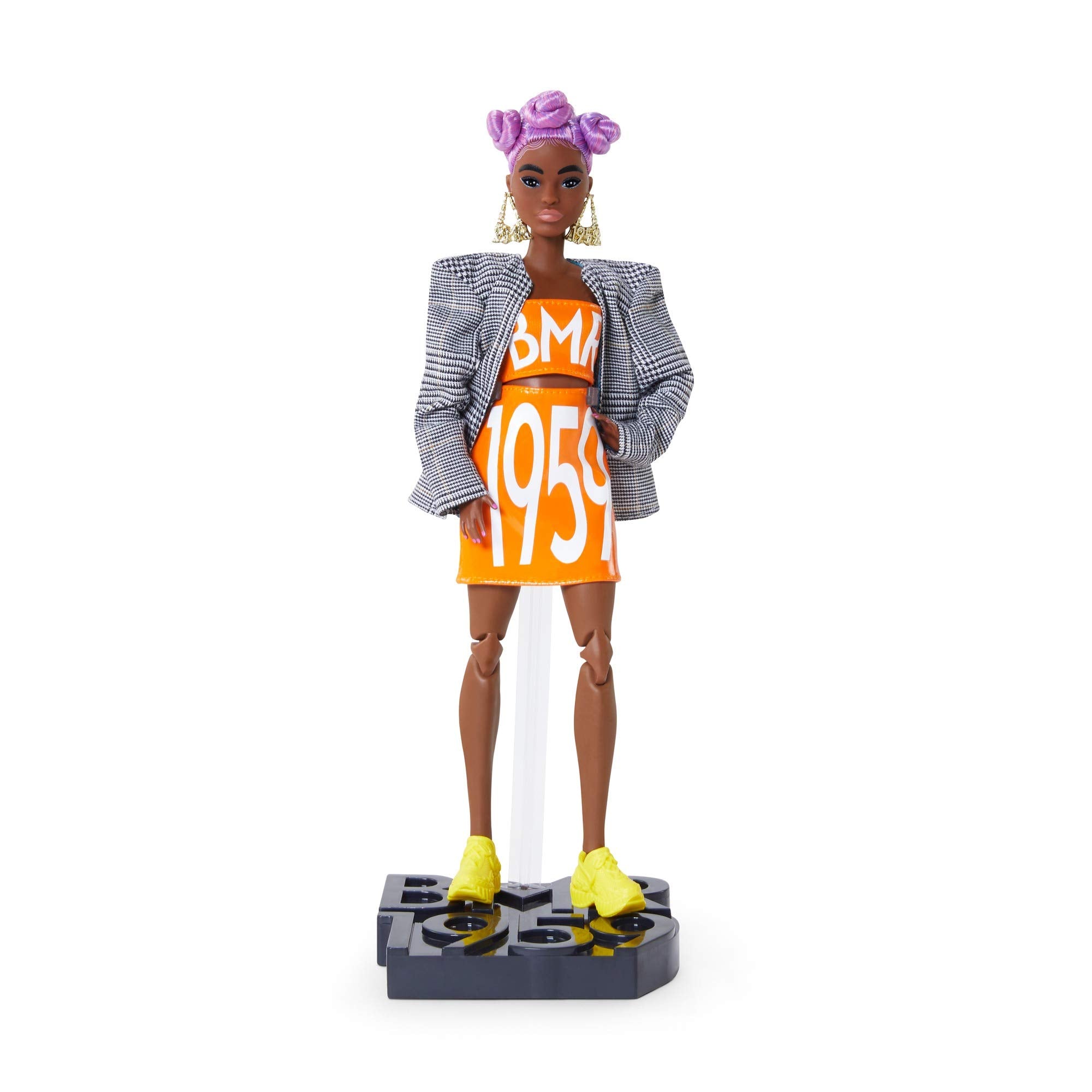 Barbie BMR1959 doll rainbow-logo hip bag adds accessory versatility.