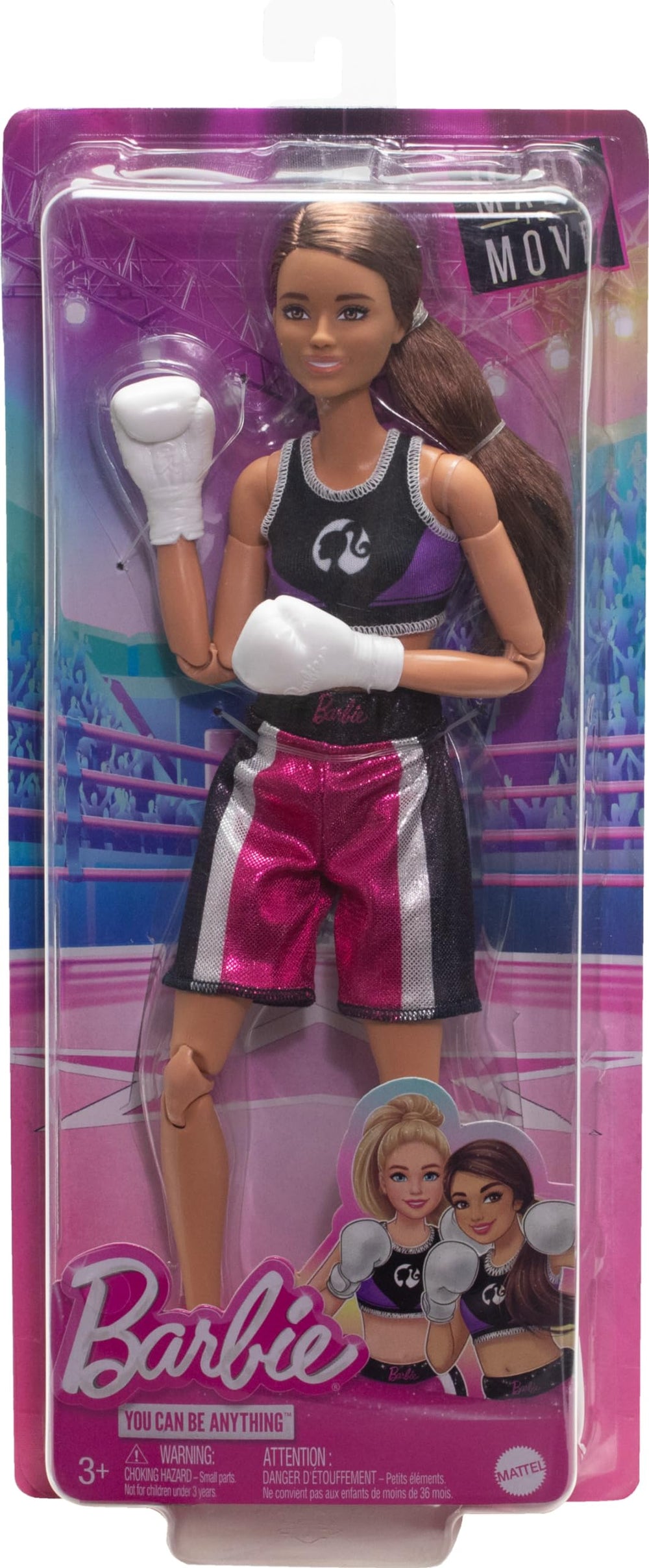 Barbie boxer doll pink shoes enhance colorful, immersive boxing play.