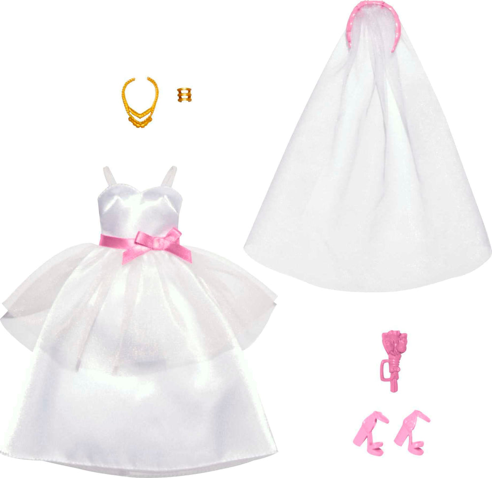 Barbie wedding dress and veil from the bridal pack for imaginative play.