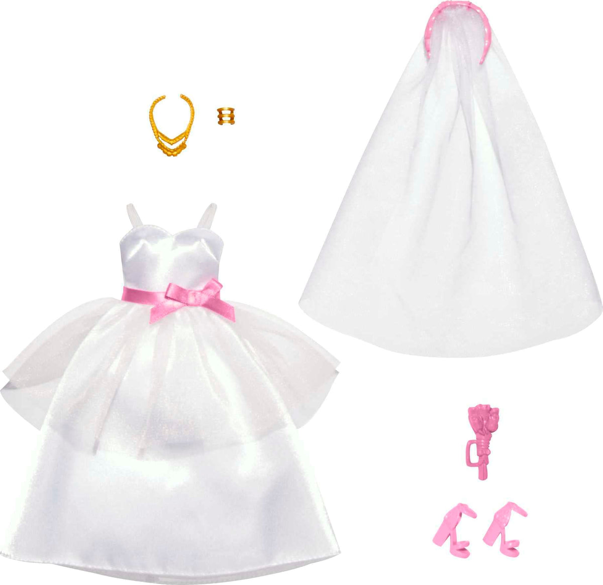 Barbie wedding dress and veil from the bridal pack for imaginative play.