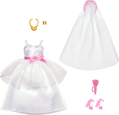 Barbie wedding dress and veil from the bridal pack for imaginative play.