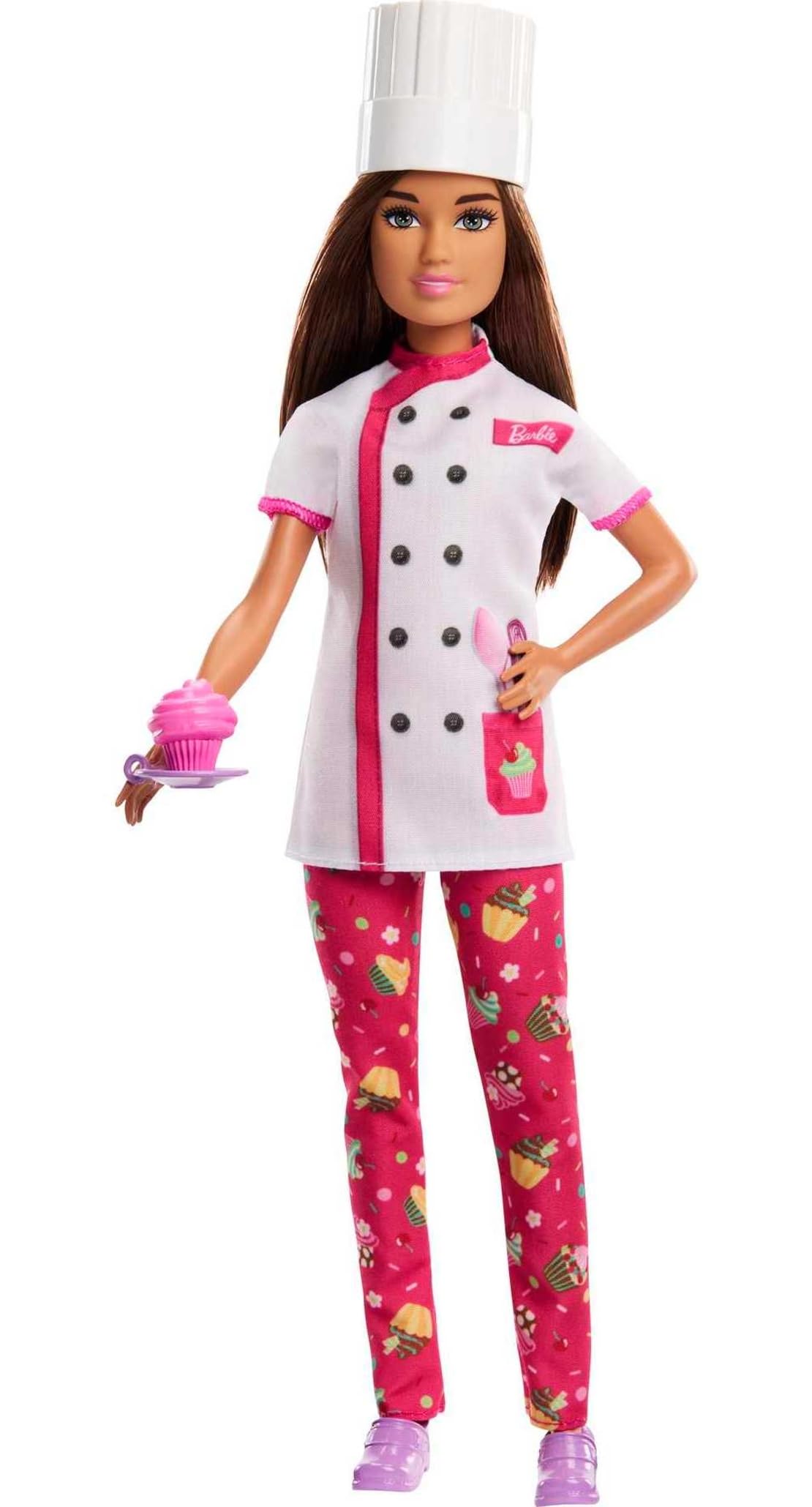 Barbie Career Pastry Chef doll wearing hat for imaginative kitchen play.