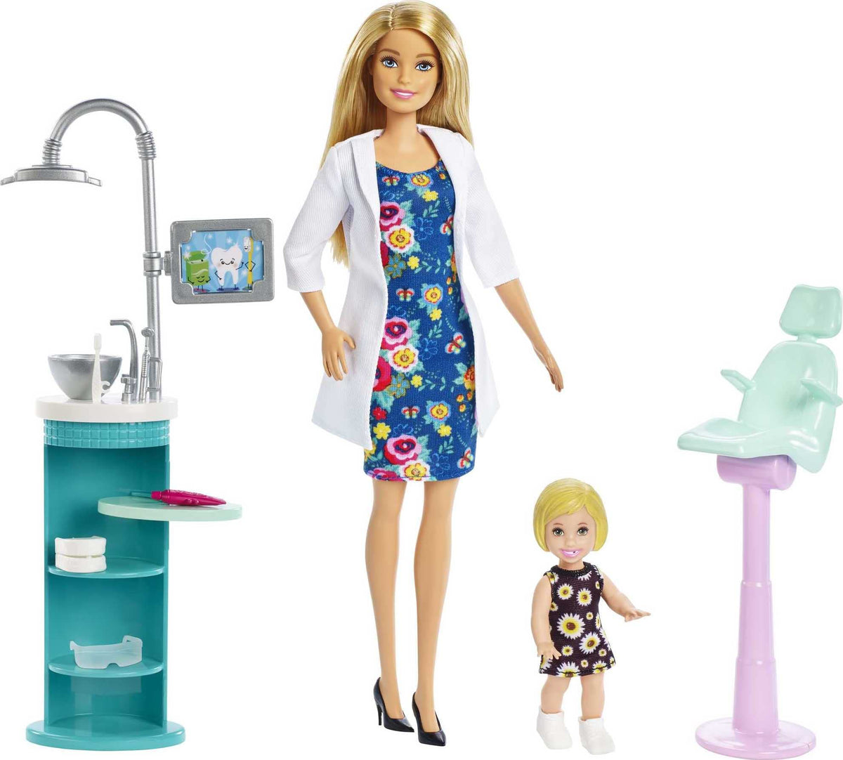 Barbie Careers dentist chair in bright colors for pretend visits and storytelling