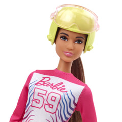 Barbie Careers helmet and gloves, safety-ready accessories for pretend races.