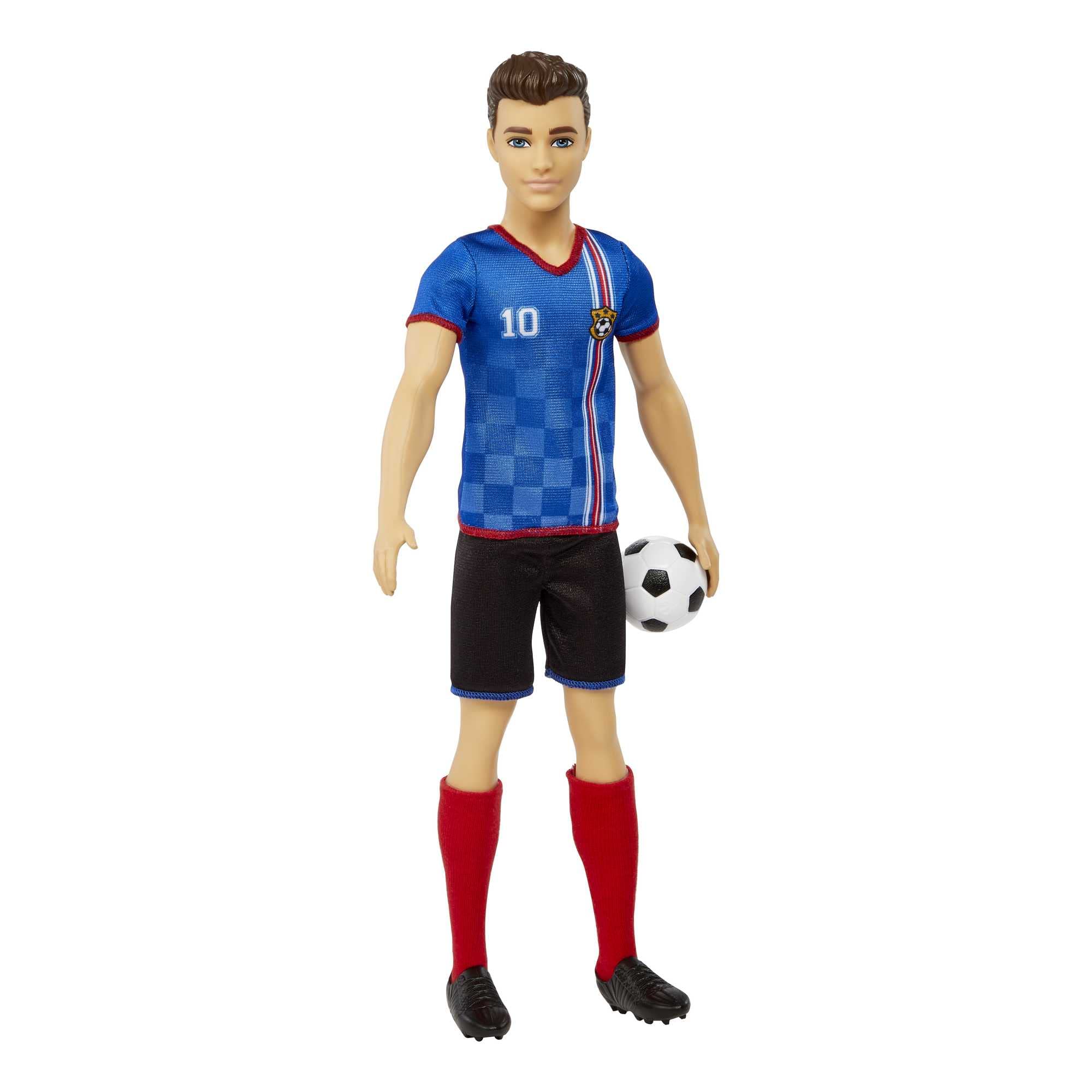 Ken soccer doll wearing cleats and tall red socks ready for action