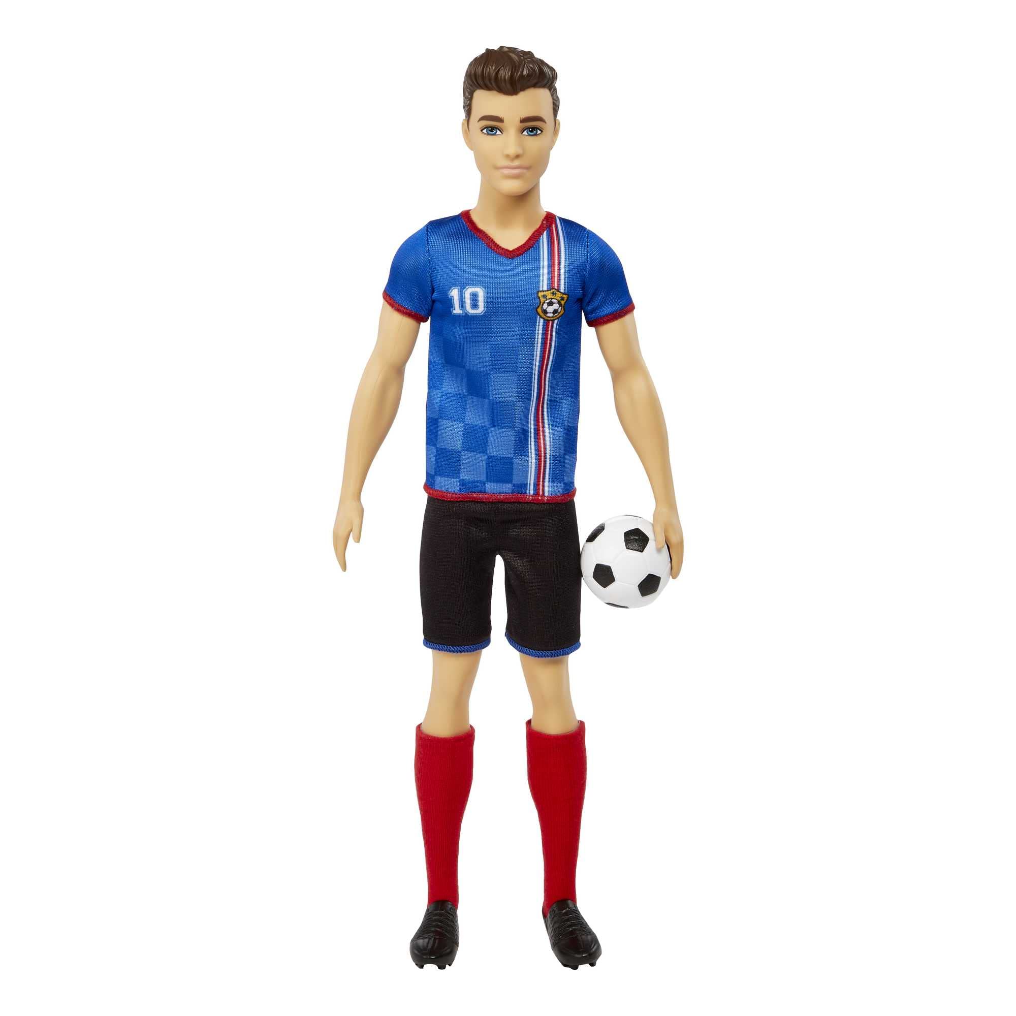 Barbie Ken soccer doll front view in blue uniform for imaginative play
