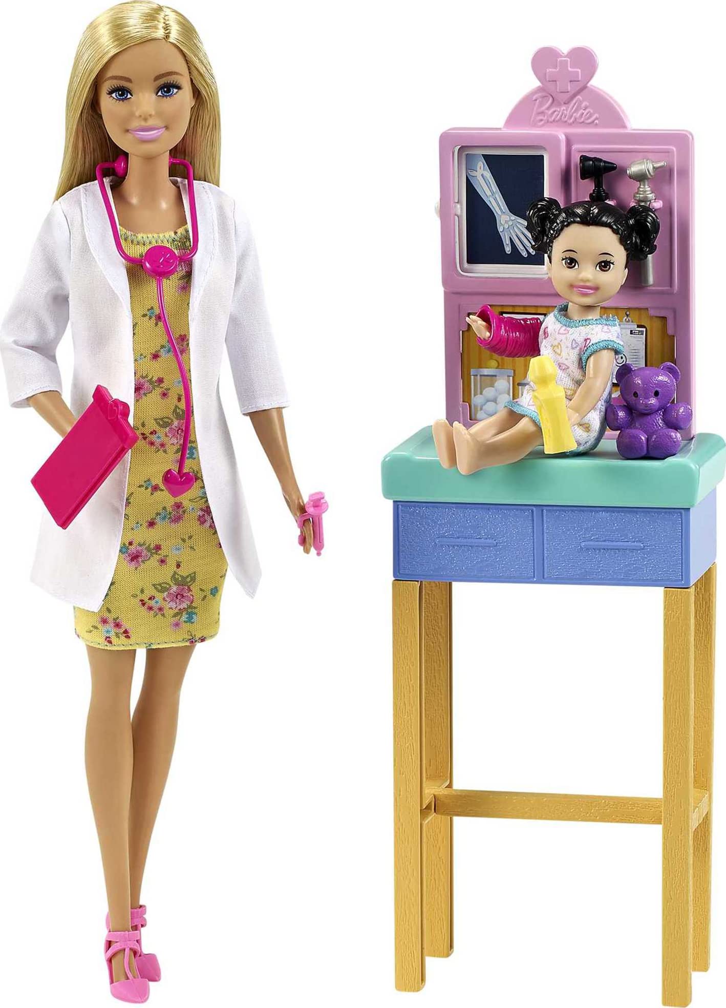 Barbie Careers pediatrician blonde doll ready for imaginative medical play.