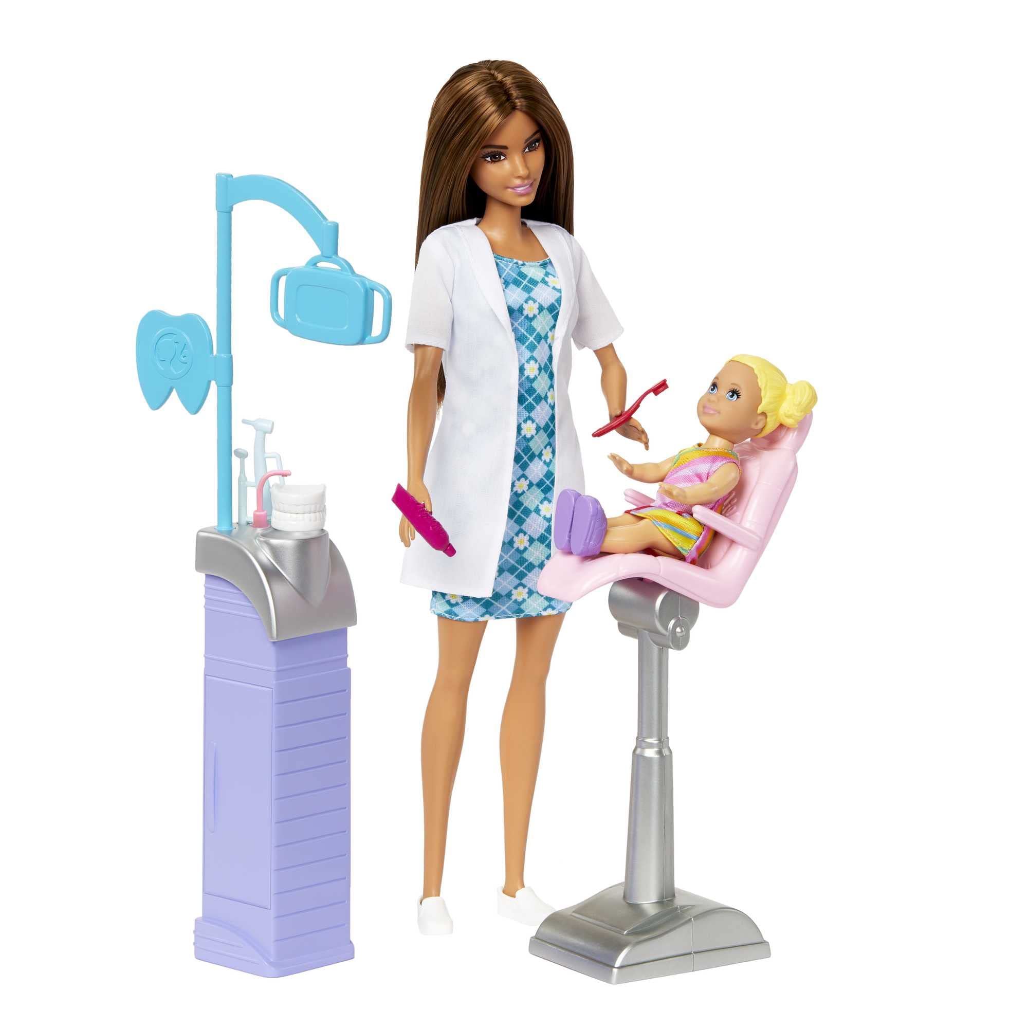 Barbie Careers accessory shelf organizing small dental tools.