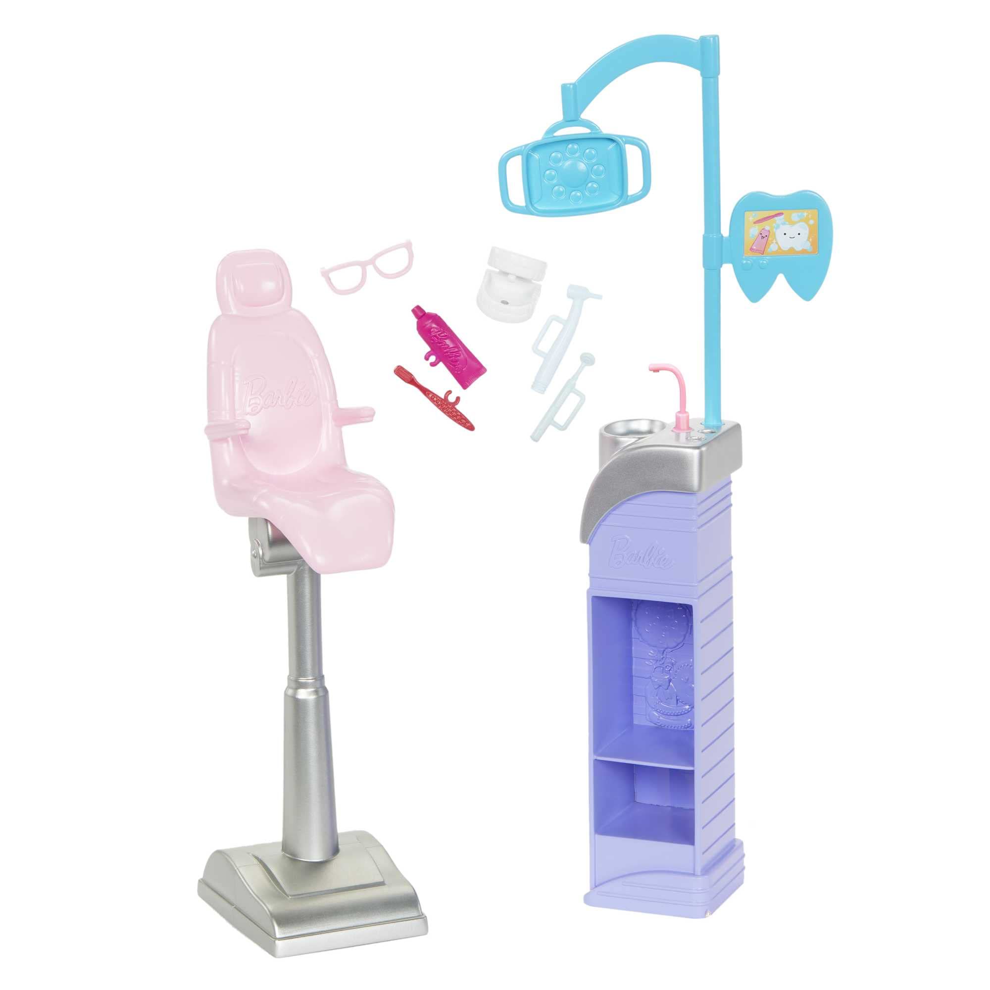 Barbie Careers dentist doll in white coat inspires caring role-play.