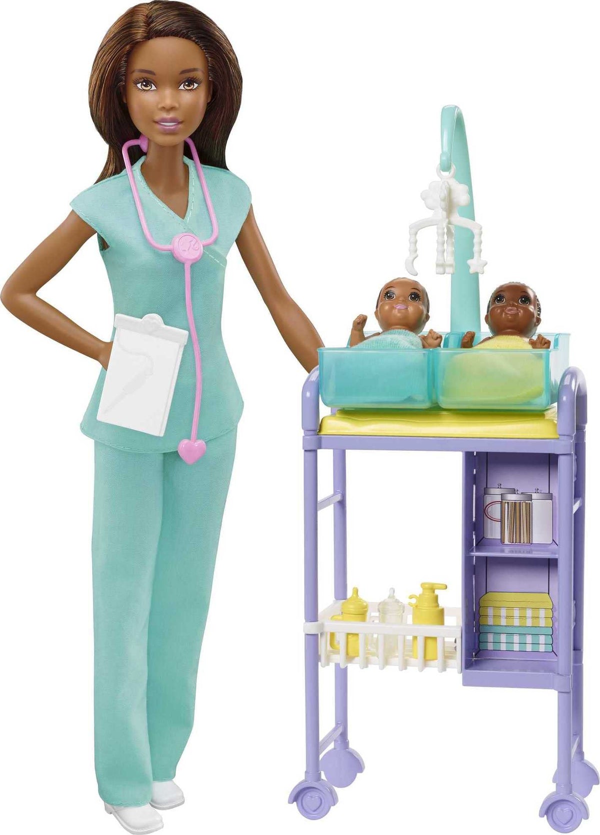 Barbie Careers Playset examination table with accessories for imaginative medical caretaking.