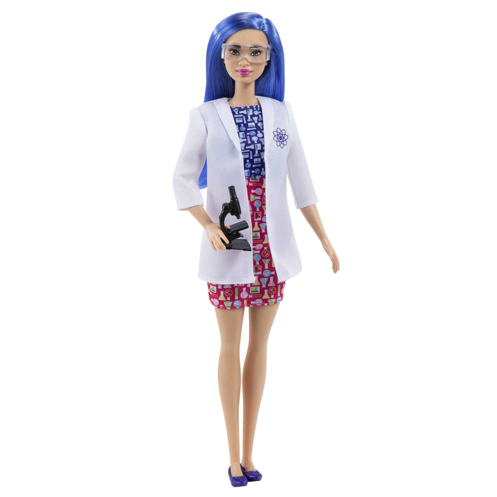 Barbie Careers Scientist doll with blue hair ready for imaginative science play at home.