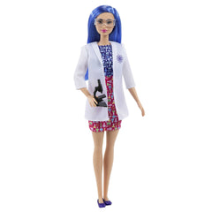 Barbie Careers Scientist doll with blue hair ready for imaginative science play at home.