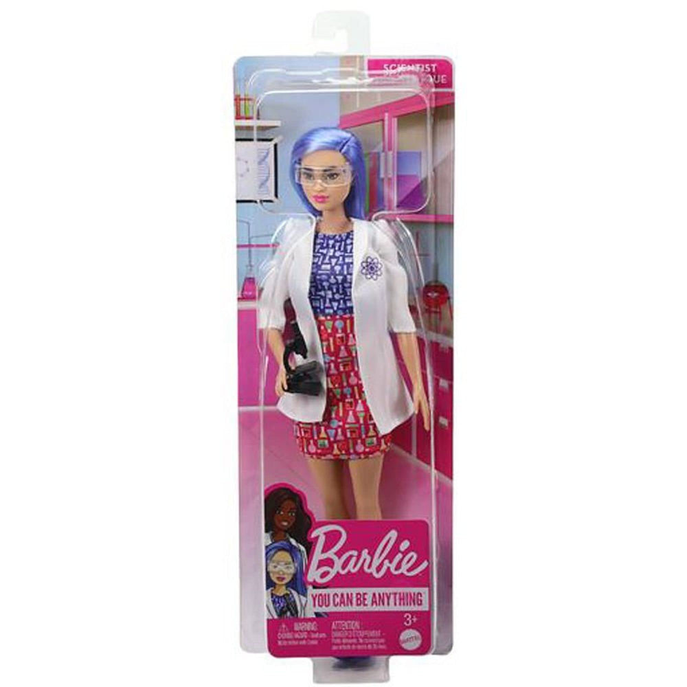Barbie Careers Scientist doll color-block dress complements imaginative science adventures.