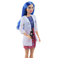 Barbie Careers Scientist doll wearing goggles for pretend experiments and discovery.