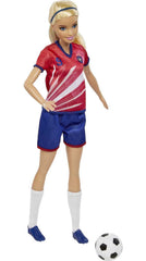 Barbie soccer doll with blonde ponytail for recognizable, stylish play.