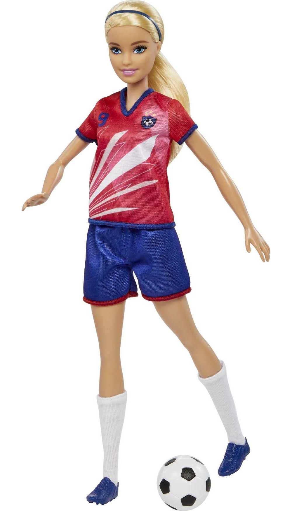 Barbie soccer doll in blue shorts ready for active, sporty play.