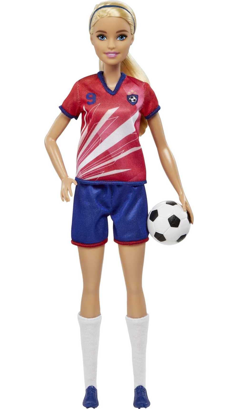 Barbie soccer doll wearing a red shirt with number 9 and patch for imaginative play.