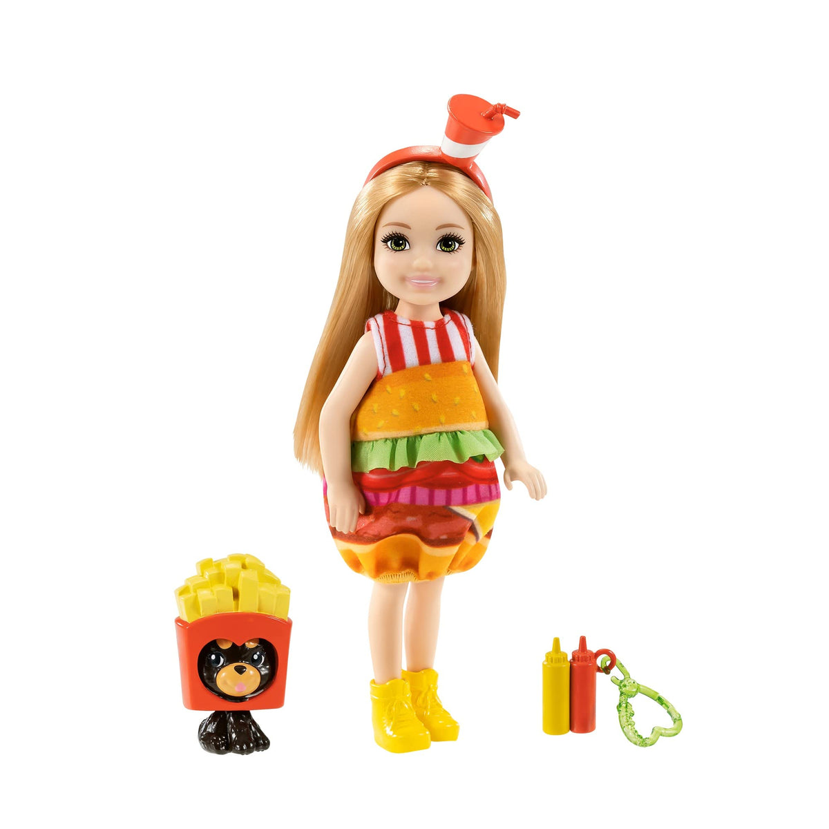 Barbie Chelsea burger costume doll with lettuce print for imaginative dress-up play