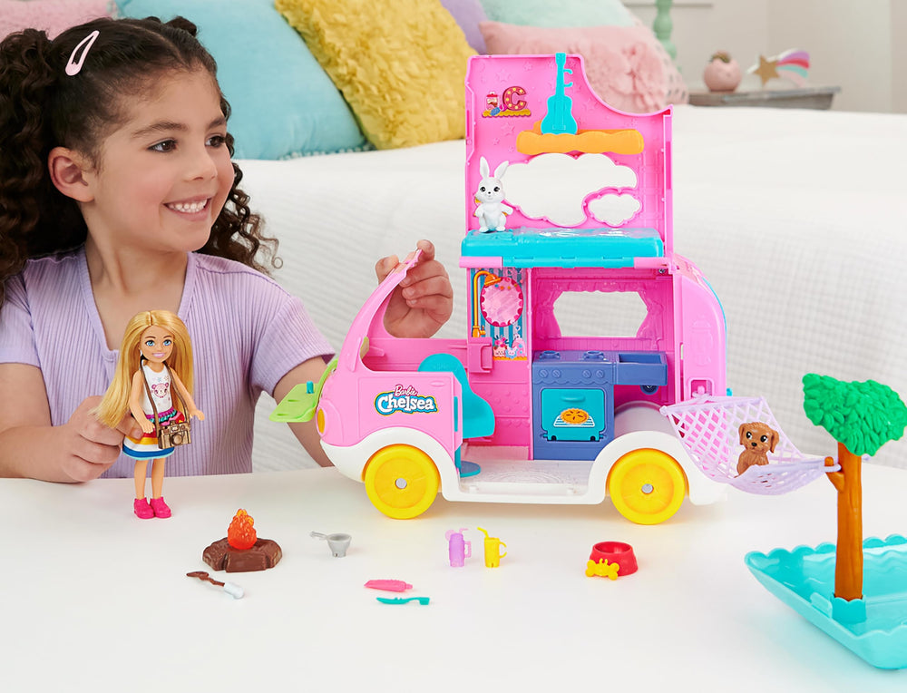 Barbie Chelsea camper rooftop bedroom setup for overnight play with pets