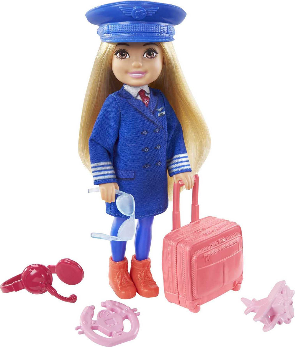 Barbie Chelsea pilot doll with luggage boosts travel-themed imaginative play.