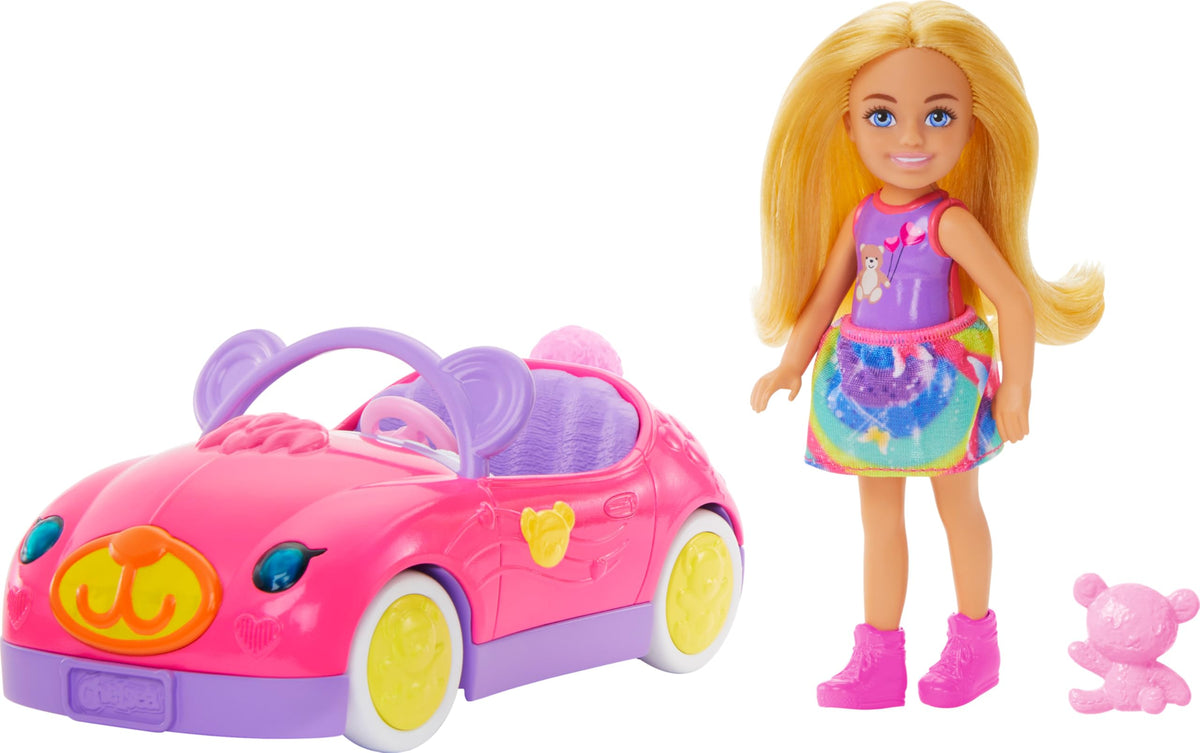Barbie Chelsea doll and bear-convertible front view with rolling wheels for imaginative play.