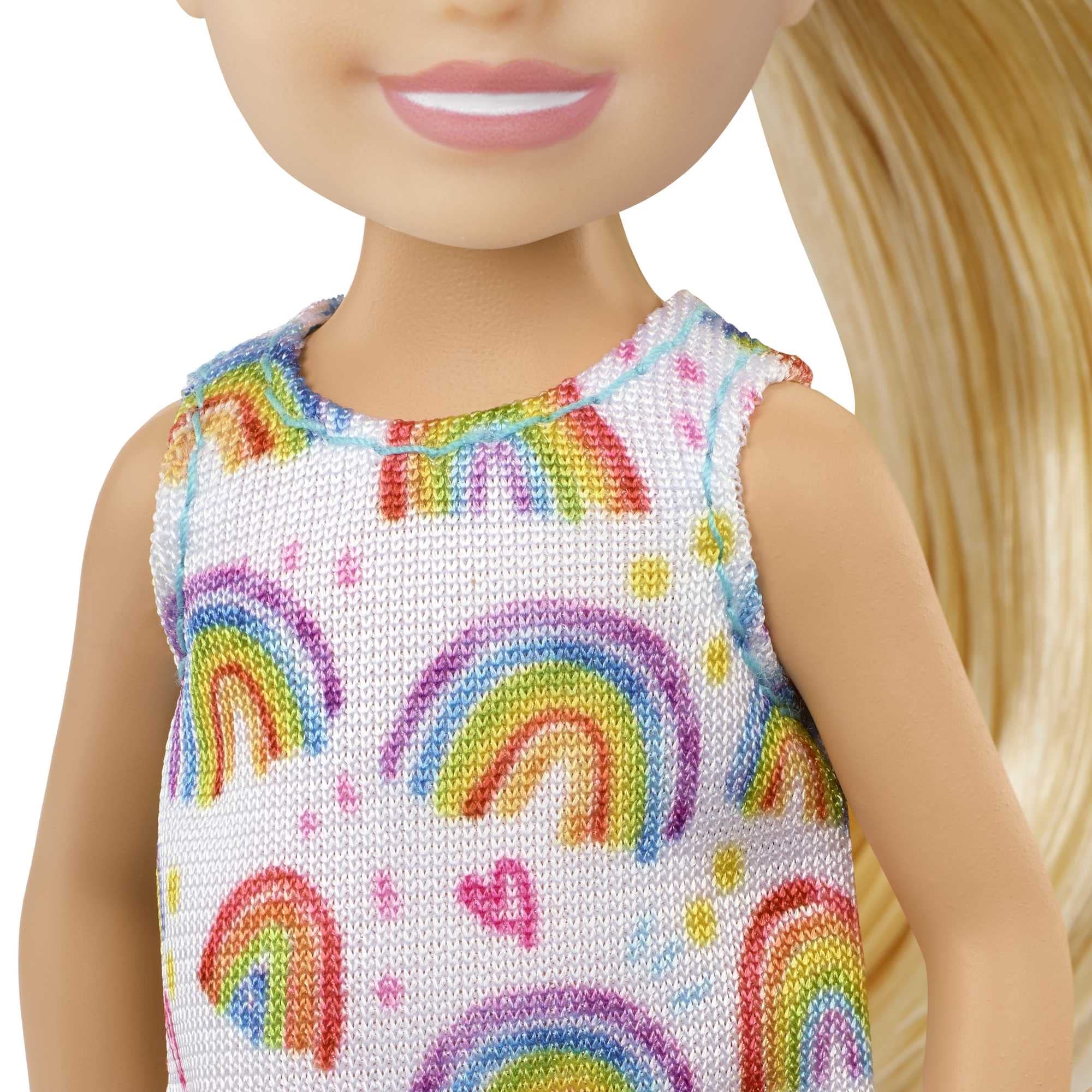 Barbie Chelsea doll features a blonde ponytail for playful hair-styling stories.