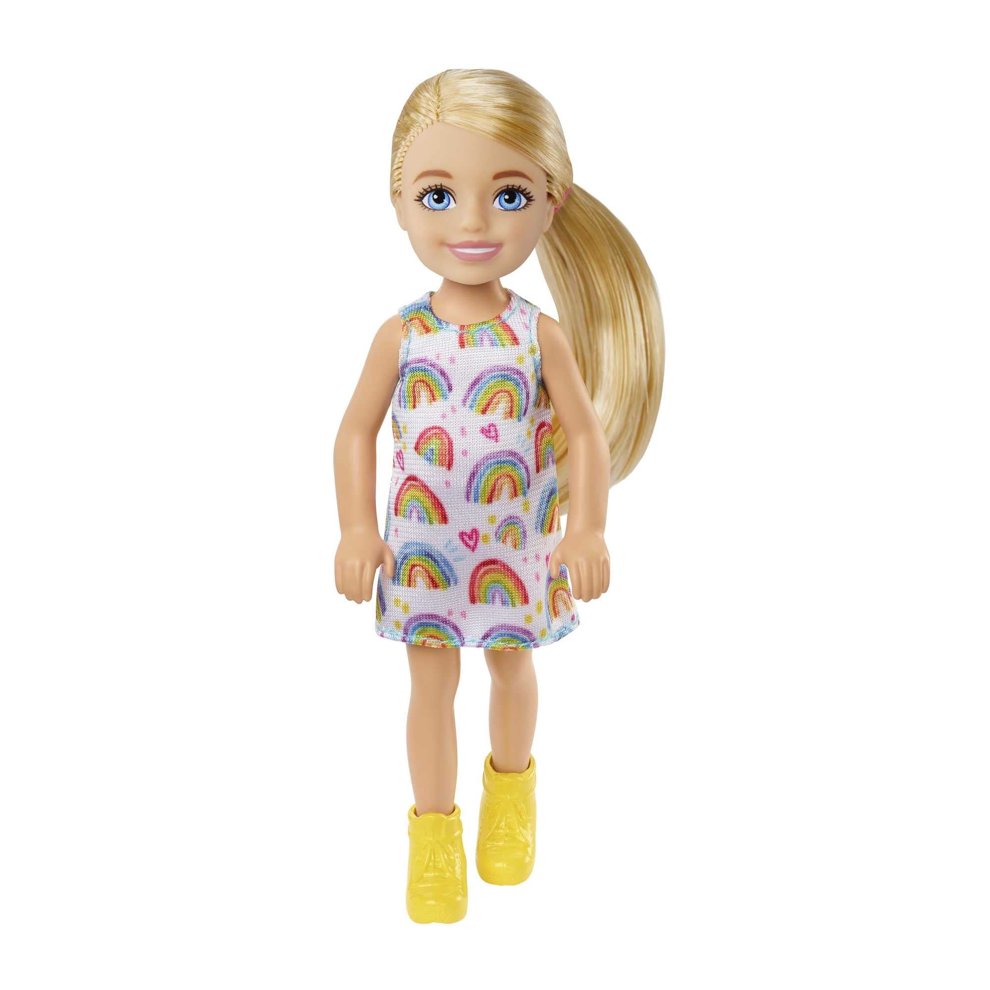 Barbie Chelsea doll with blonde rainbow dress and yellow shoes inspires imaginative play.