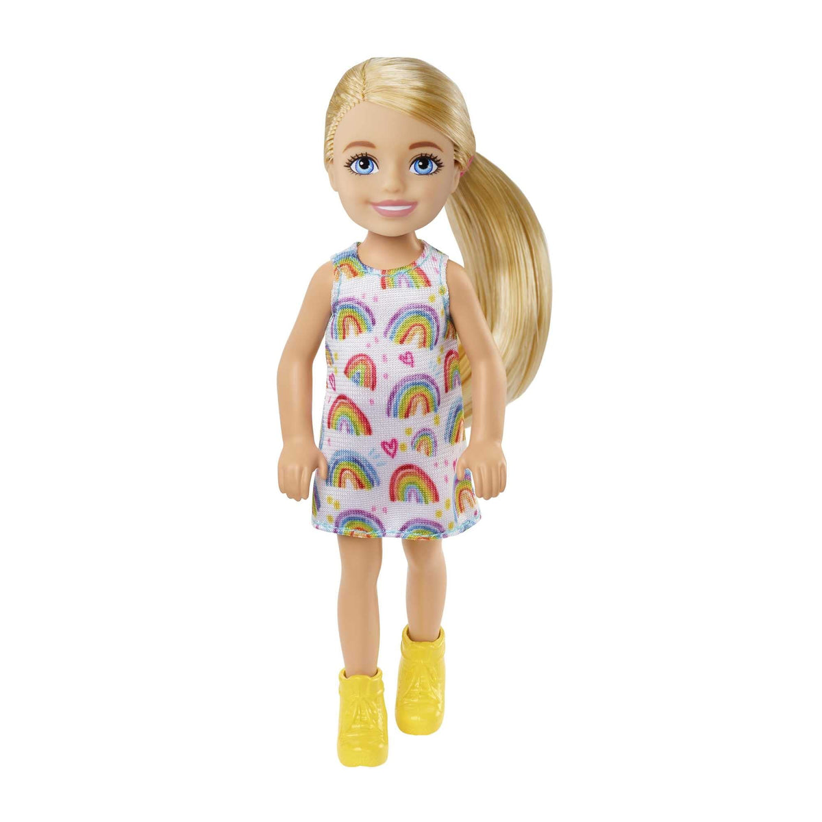 Barbie Chelsea doll with blonde rainbow dress and yellow shoes inspires imaginative play.