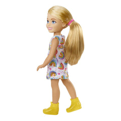 Barbie Chelsea doll wearing a heart-rainbow print dress brightens everyday play.