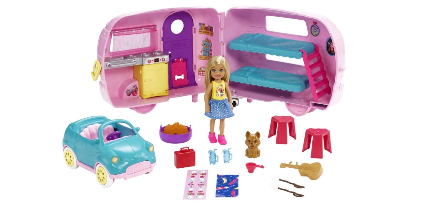 Barbie Chelsea doll playset camper closet for imaginative dress-up sessions.