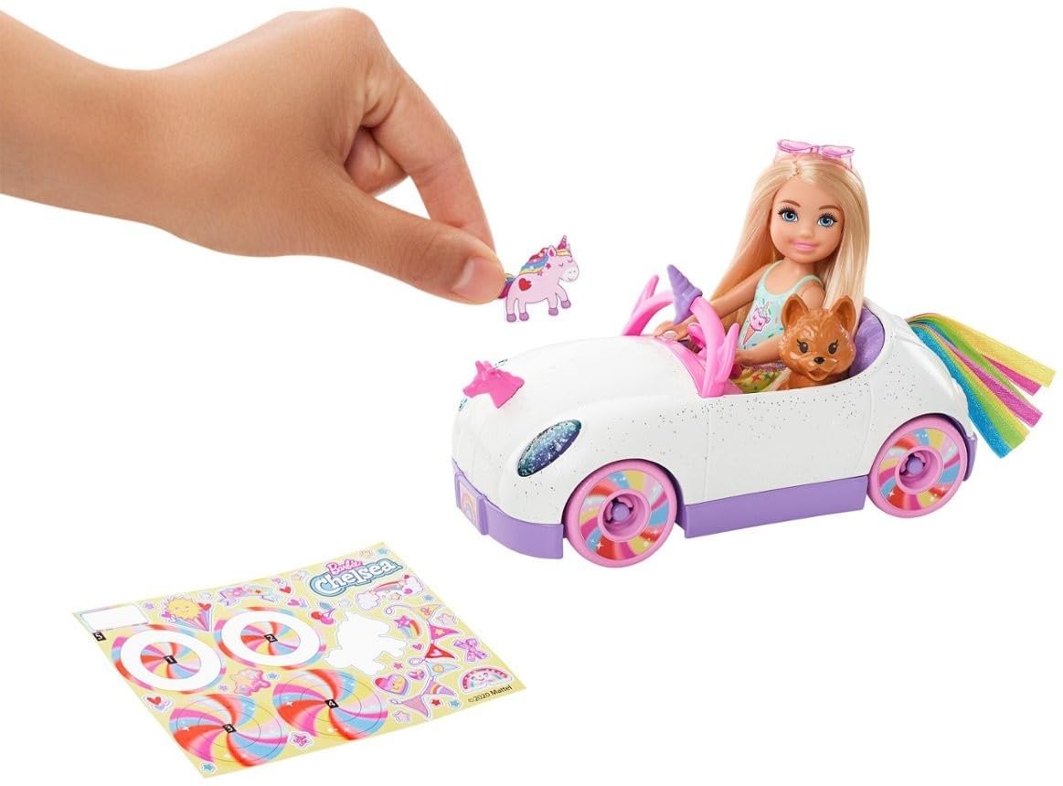 Barbie Chelsea with puppy seated inside the unicorn car.