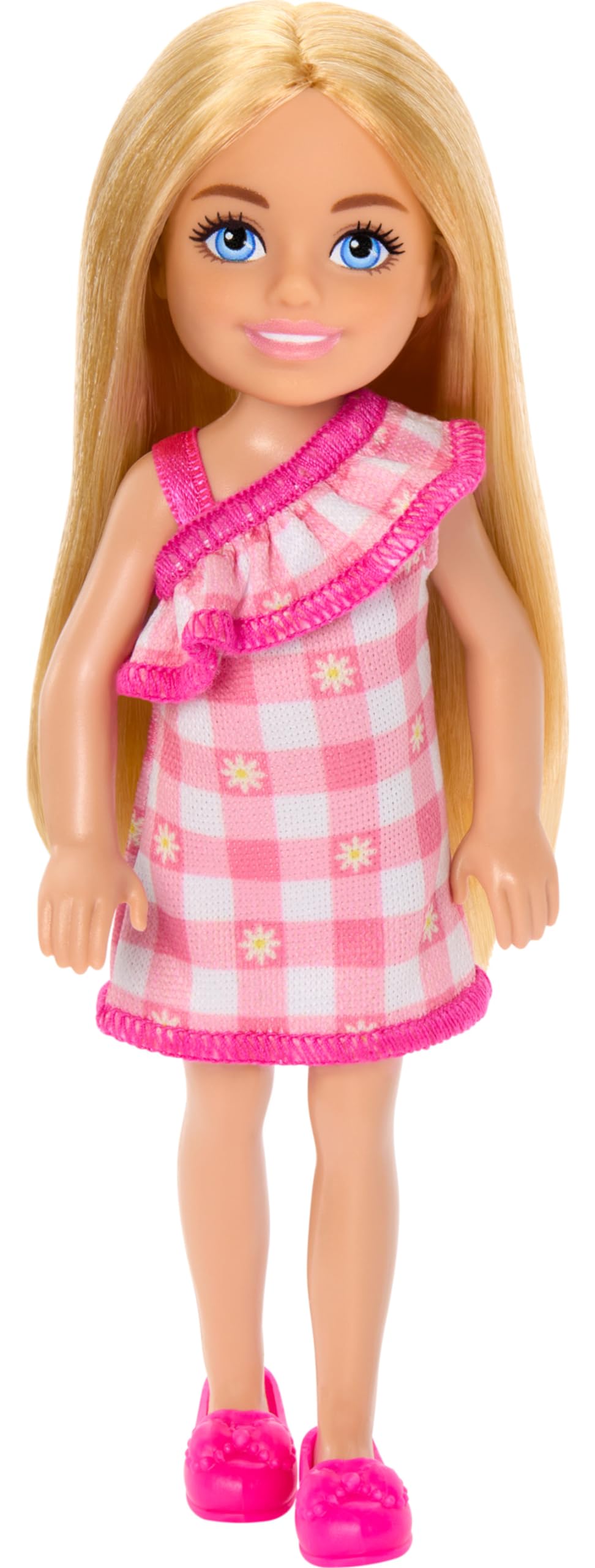 Barbie Chelsea doll wearing removable pink checkered dress for dress-up play.