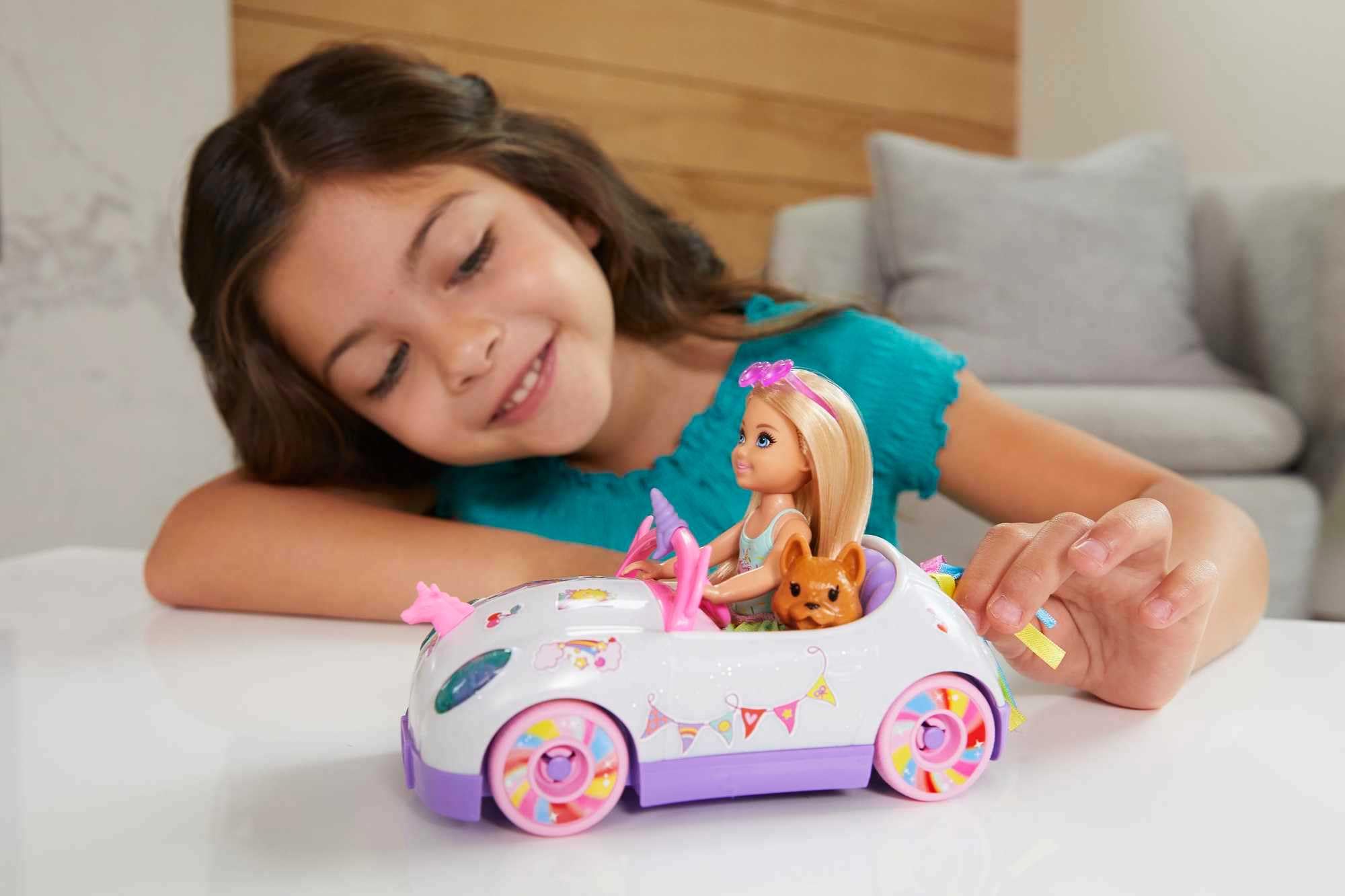 Barbie Chelsea doll with removable skirt ready for unicorn ride.