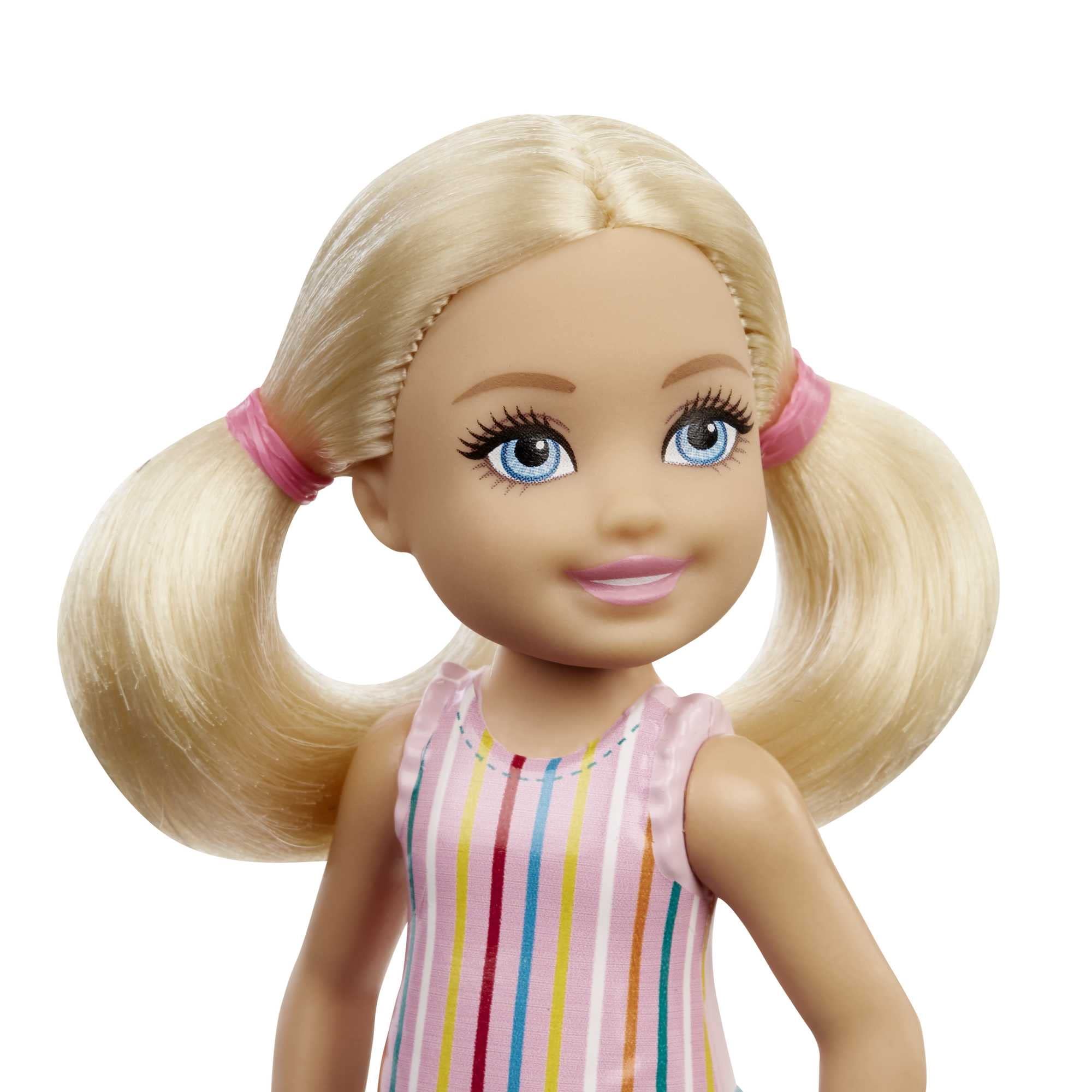 Barbie Chelsea doll in striped dress with removable skirt for mix-and-match outfits.