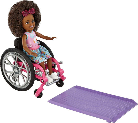 Barbie Chelsea doll wheelchair wheels enable dynamic storytelling.