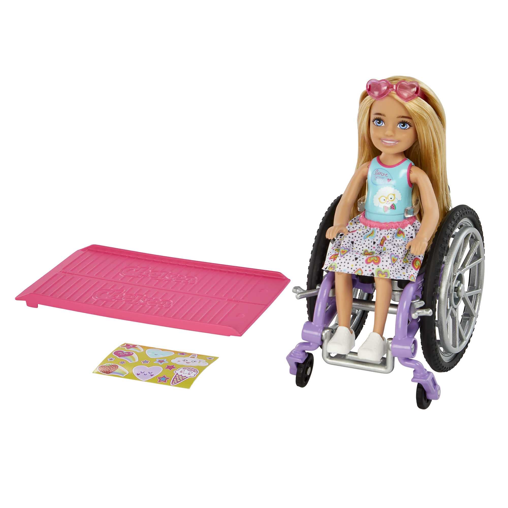 Barbie Chelsea doll in wheelchair with rolling wheels for inclusive, imaginative play