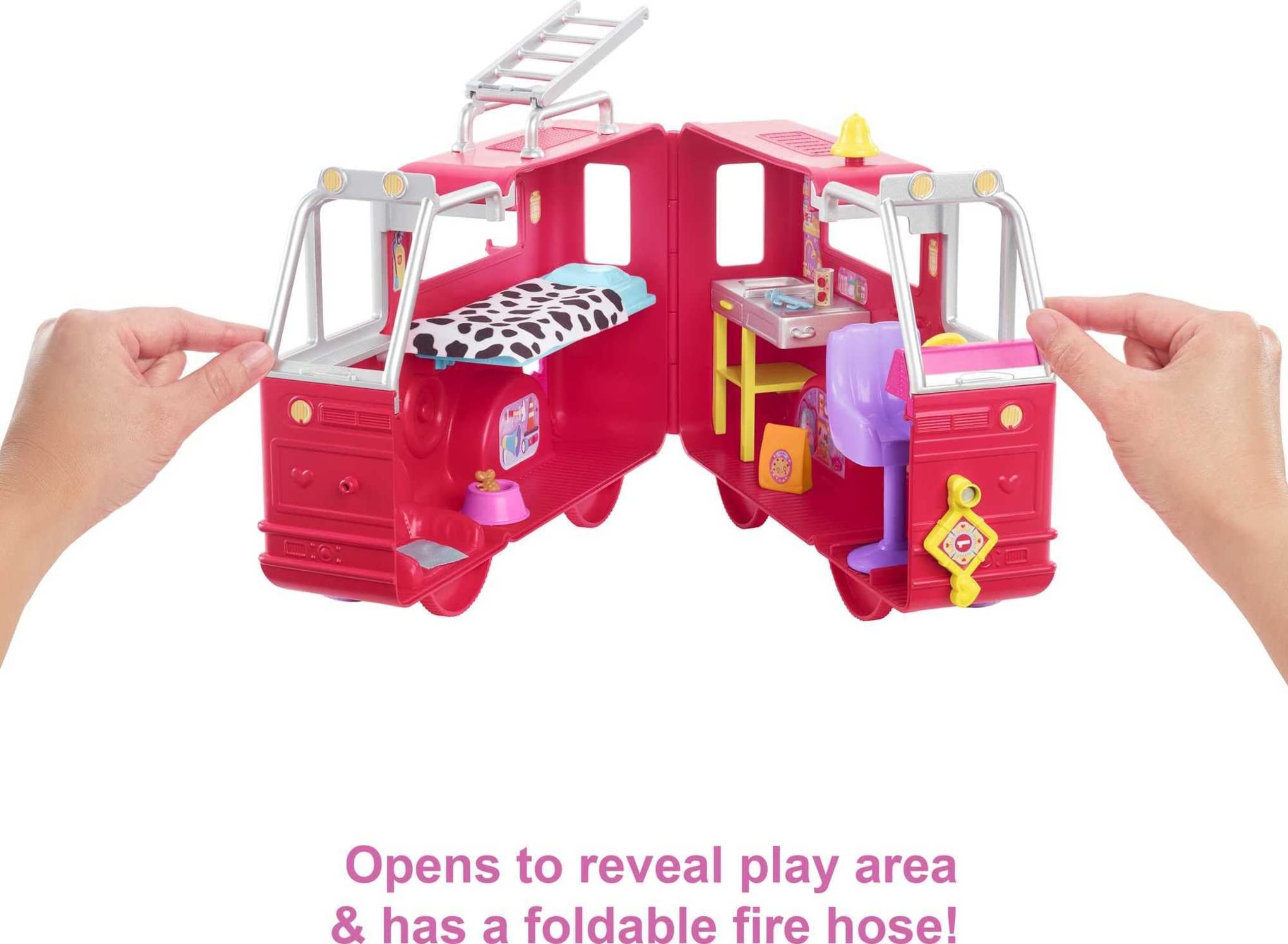 Fire truck with foldable hose ready for pretend firefighting scenarios with Chelsea