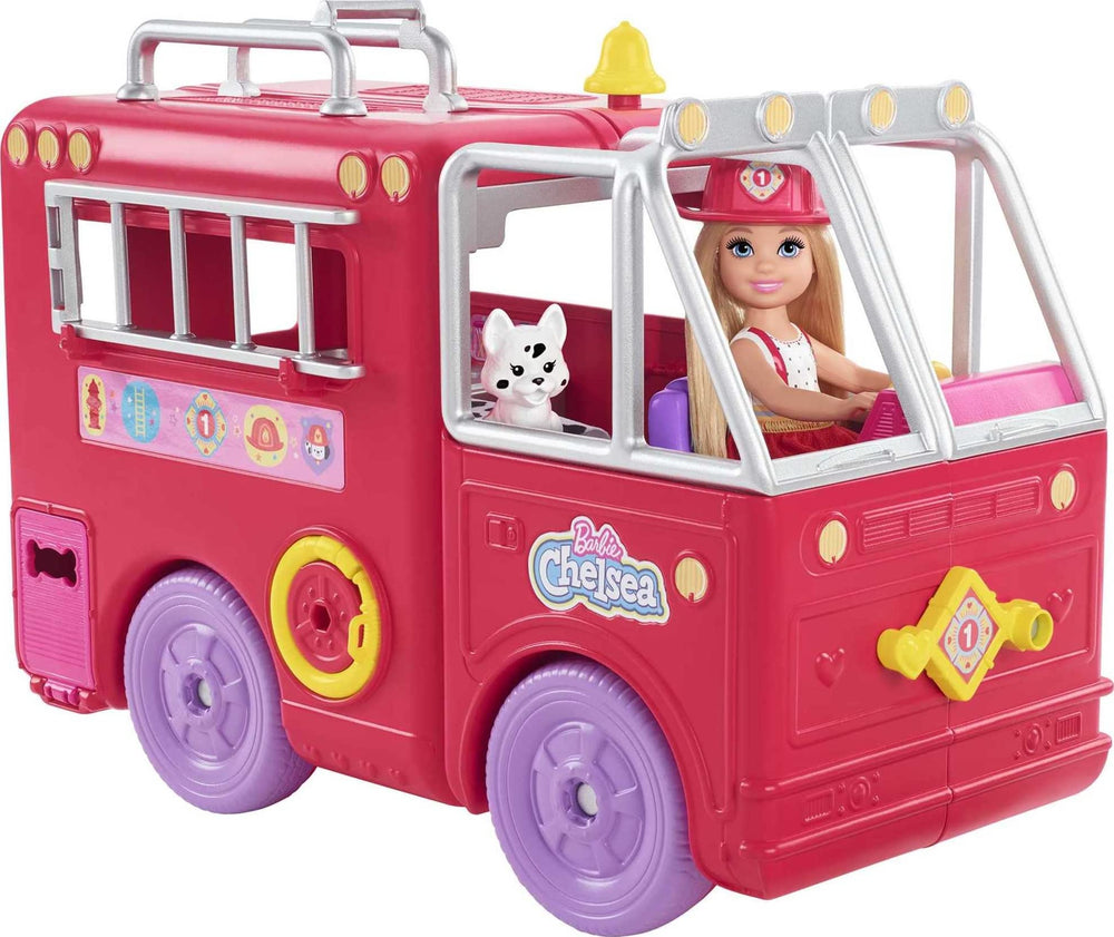 Barbie Chelsea fire truck playset opened to reveal ladder and hoses for imaginative rescue play