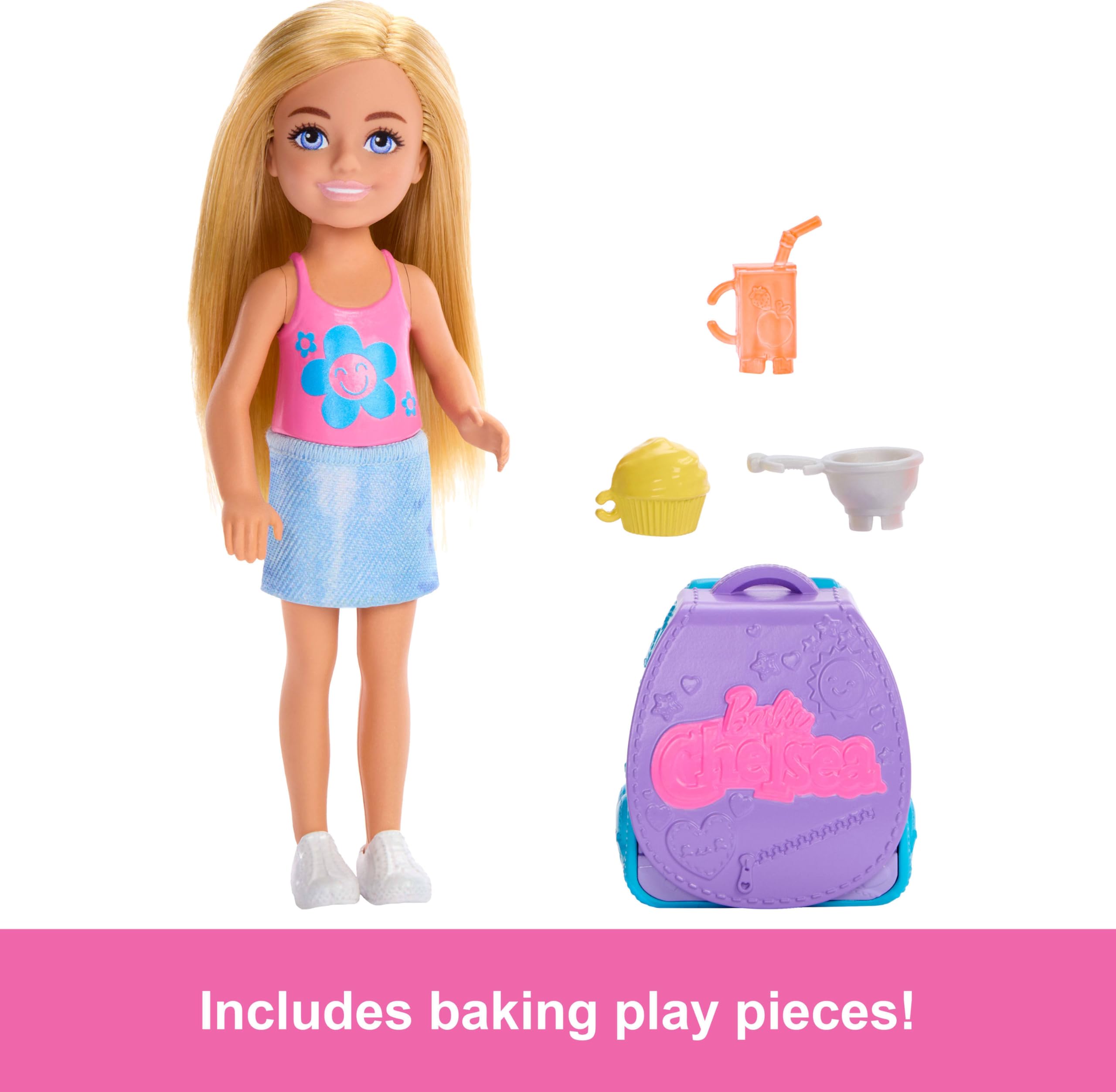 Barbie Chelsea mixing bowl and beverage set completes cupcake recipe play.