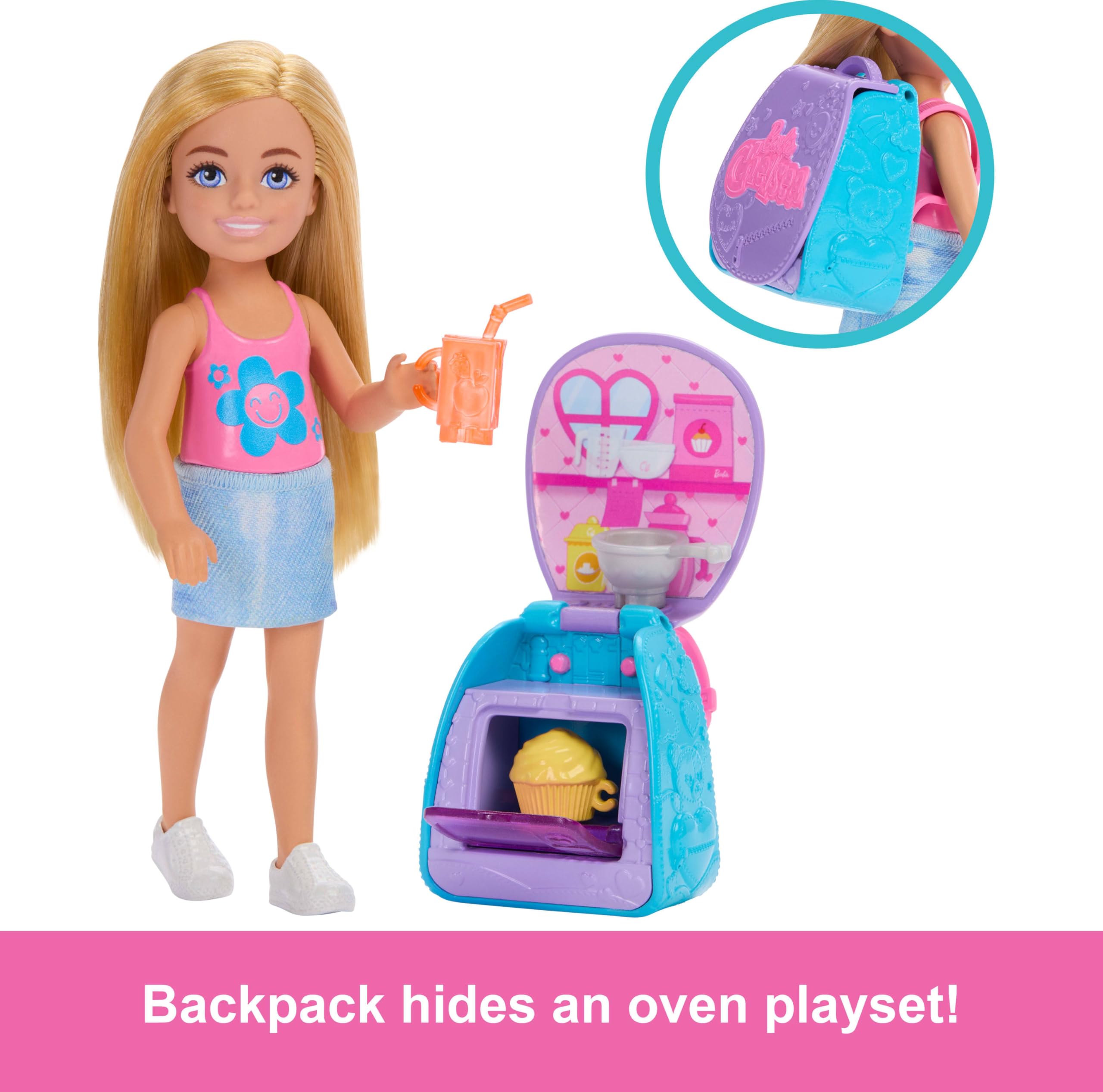 Barbie Chelsea oven lid open with cupcake accessory for pretend baking.