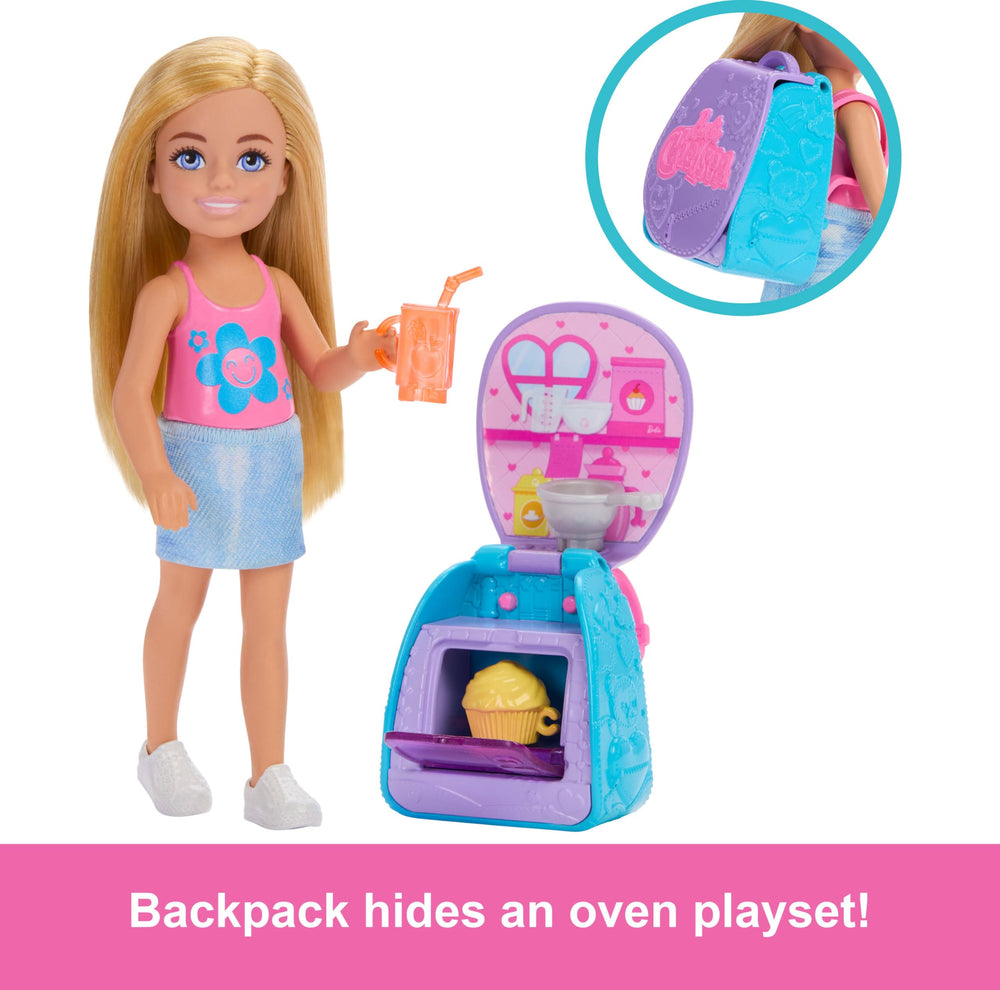 Barbie Chelsea oven lid open with cupcake accessory for pretend baking.