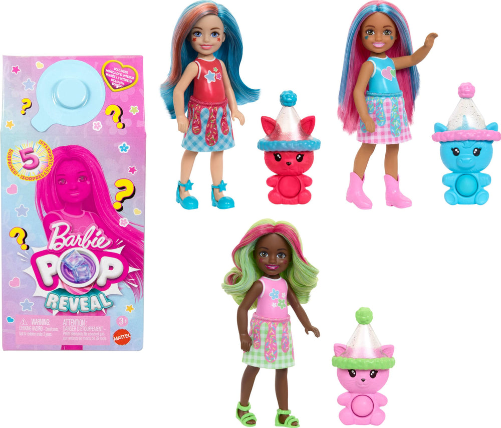 Barbie Chelsea Pop Reveal Shakes box with five surprises and scented doll