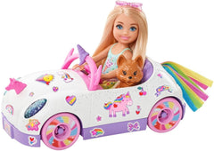 Barbie Chelsea unicorn car open-top play space for imaginative adventures.