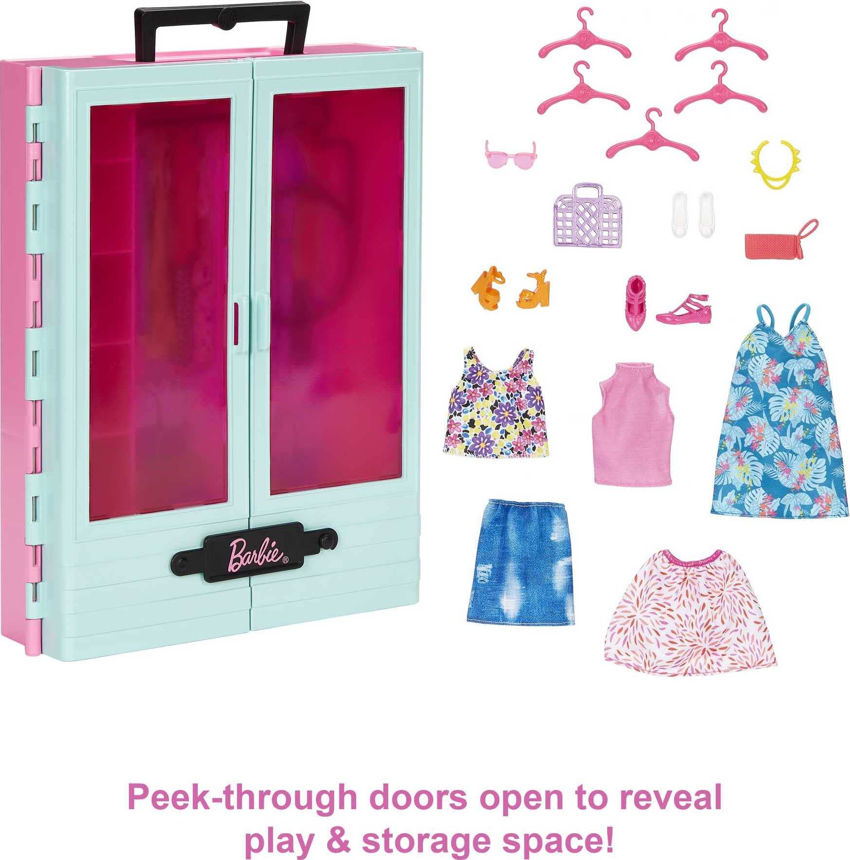 Barbie Closet Playset includes five hangers for organized dress-up fun.