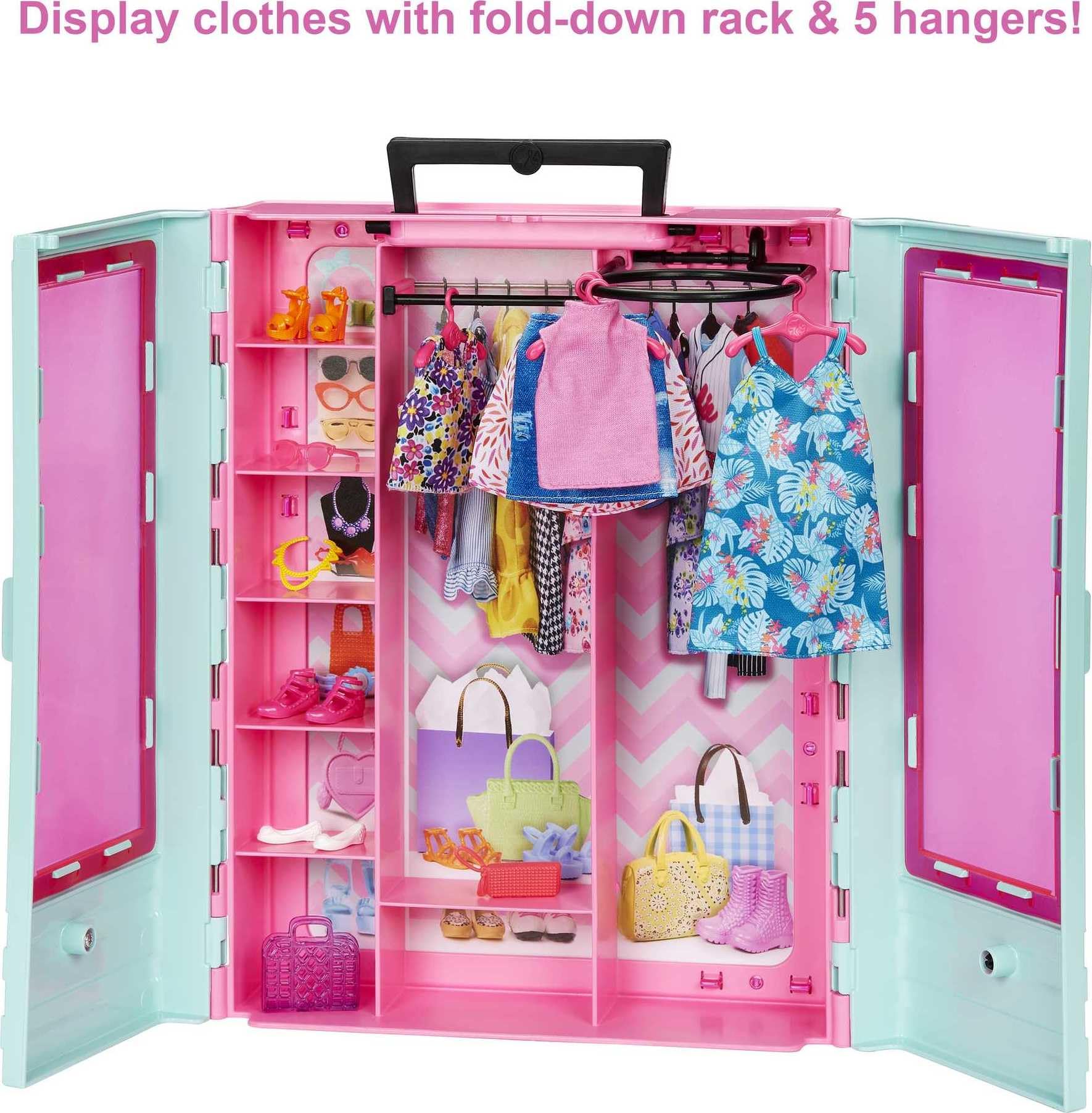 Barbie Closet Playset features three outfits for quick mix-and-match storytelling.