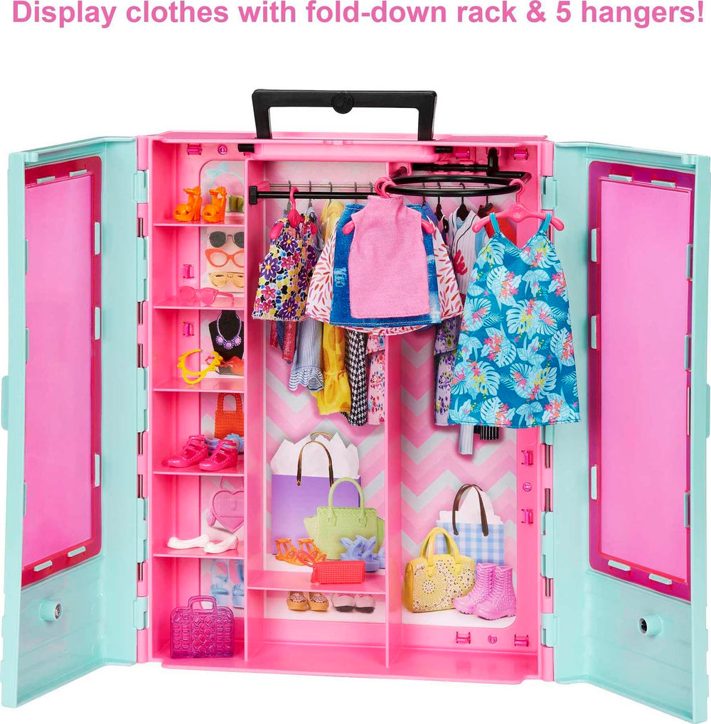 Barbie Closet Playset features three outfits for quick mix-and-match storytelling.