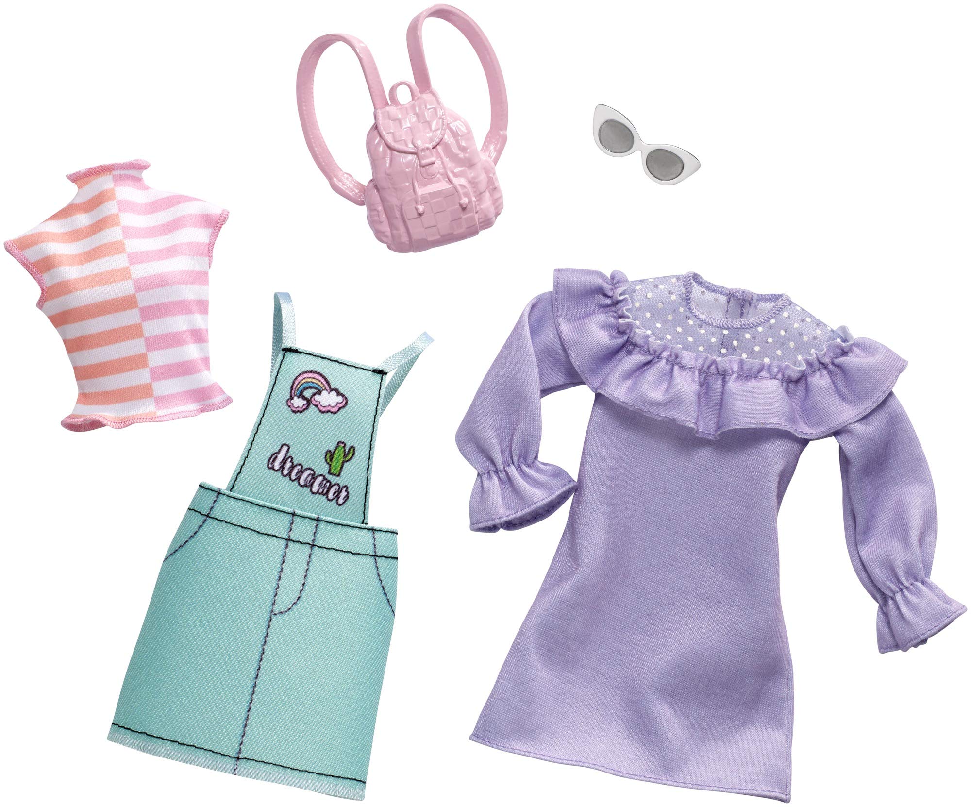 Barbie pastel green overall dress with dreamer decal, inspires creative dress-up play.